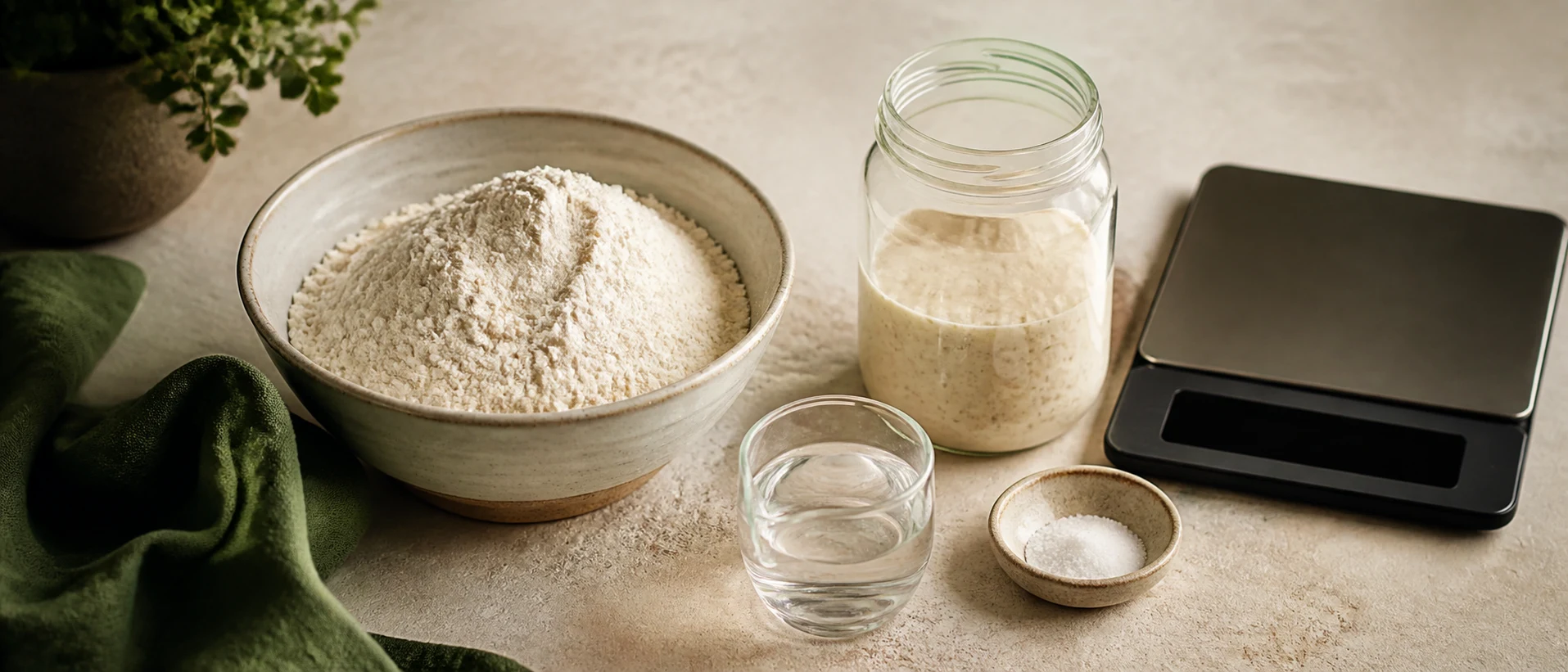 Sourdough starter, scale and measuring tools beside the reference formula