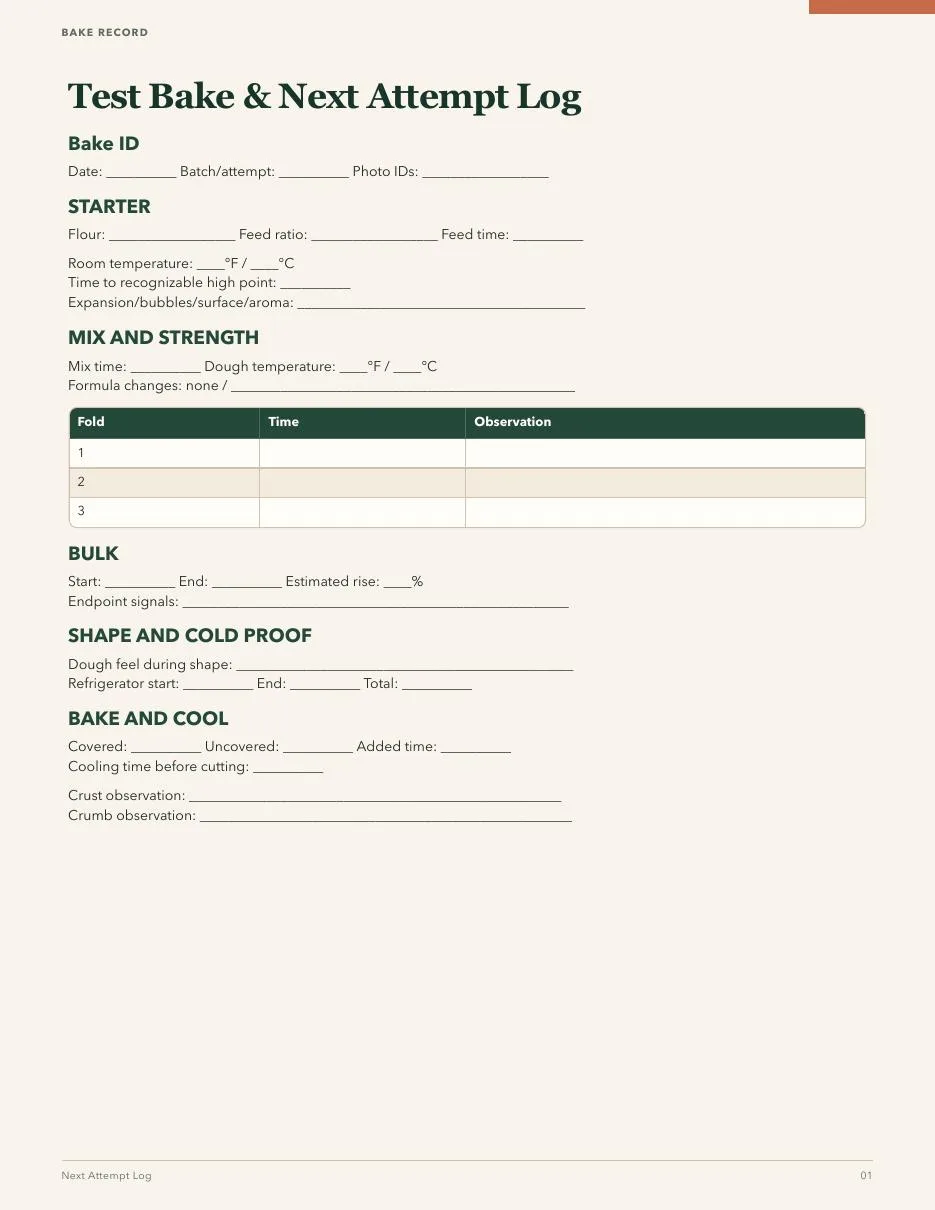 Preview of Test Bake & Next Attempt Log
